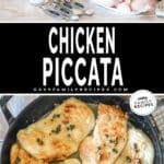 Two photos of chicken piccata. One of the ingredients needed and another of it finished in a skillet.