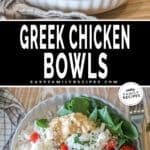 Two photos for Greek Chicken Bowls. Top image is of completed bowl with additional bowl in background. Bottom image is a top, down view of completed bowl