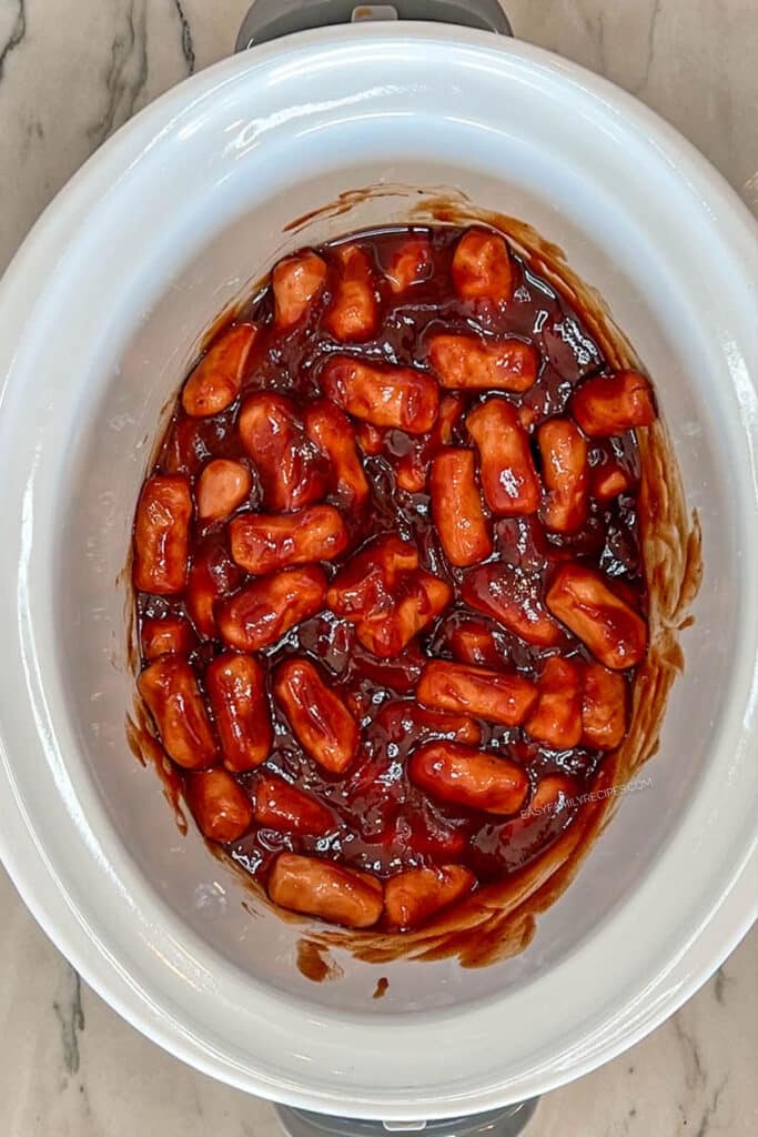 cocktail sausages in bbq sauce in a crockpot.
