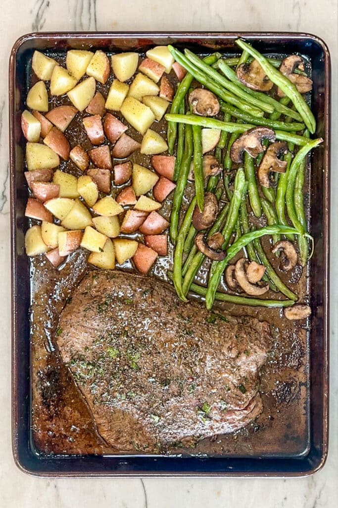 finished sheet pan steak dinner.