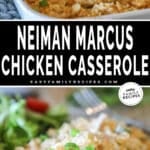 Two photos of Neiman Marcus Chicken Casserole. Top image is of completed casserole in a white dish with a wooden spoon lifting out. Bottom image is of an individual serving of the casserole on a white dish with a side salad