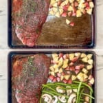 how to make sheet pan steak dinner, 1)marinate steak, and add it to the pan, 2)add the potatoes, 3)add the mushrooms and green beans, 4)cook to desired doneness, then serve and enjoy!