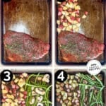 how to make sheet pan steak dinner, 1)marinate steak, and add it to the pan, 2)add the potatoes, 3)add the mushrooms and green beans, 4)cook to desired doneness, then serve and enjoy!