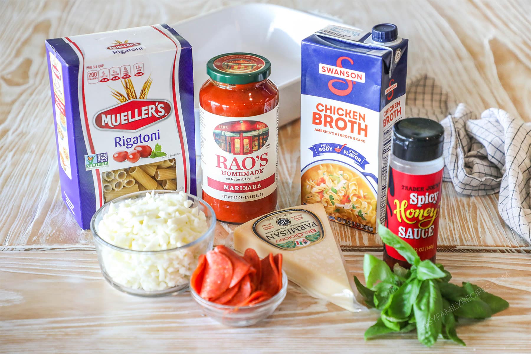 Ingredients needed to make baked pepperoni rigatoni.