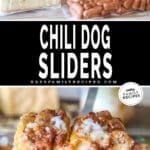 Two photos of Chili Dog Sliders. Top image has ingredients needed to make recipe. Bottom image is pan of sliders with a metal spatula lifting out