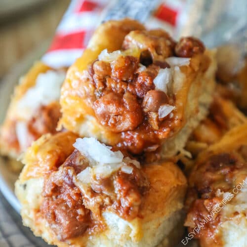 Close up of plate of chili dog sliders