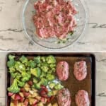 Four steps for making Mini Meatloaf Sheet Pan Dinner.