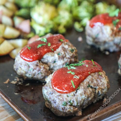 Mini Meatloaf Sheet Pan Dinner with potato and broccoli sides cooked altogether on one pan