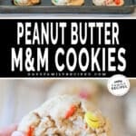 two images of peanut butter m&m cookies -top is cookies on a cooling rack and bottom is a close up