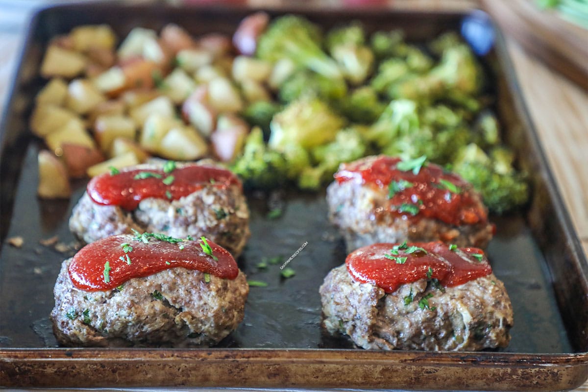 Mini Meatloaf Sheet Pan Dinner with potato and broccoli sides cooked altogether on one pan