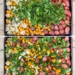 Step-by-step photos showing how to make sheet pan sausage and sweet potatoes.