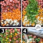 Labeled step-by-step photos showing how to make sheet pan sausage and sweet potatoes