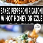 Two photos of pepperoni rigatoni, one of it on a serving spoon and another of it served on a plate.