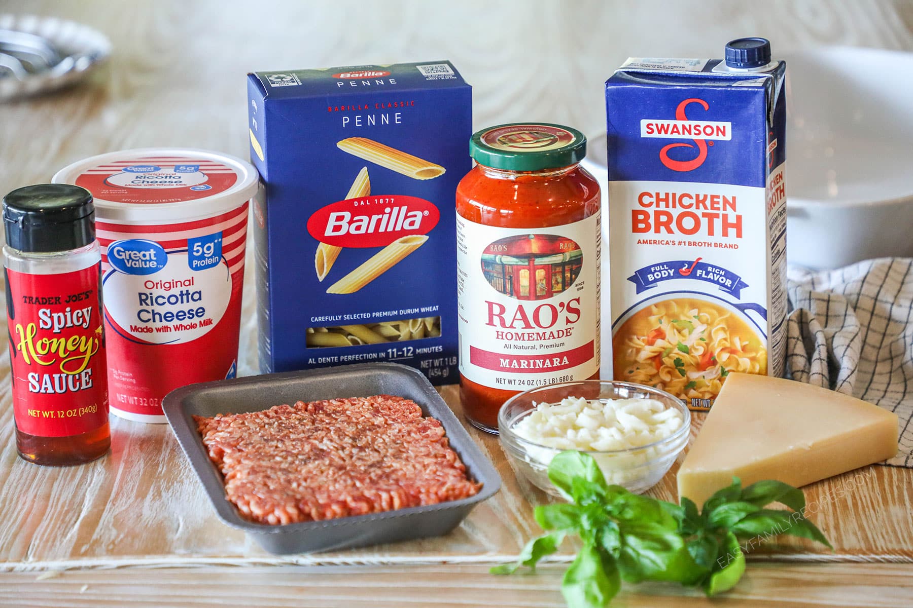 Ingredients needed to make baked pepperoni rigatoni.