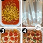 Labeled step by step photos of how to make pepperoni rigatoni bake.