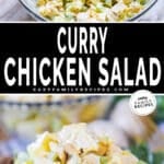 Two images of Curry Chicken Salad. Top is curry chicken salad in a bowl. Bottom is curry chicken salad on a bed of lettuce