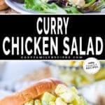 Two images of Curry Chicken Salad. Top is curry chicken salad on a bed of lettuce. Bottom is curry chicken salad in a croissant