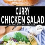 Two images of Curry Chicken Salad. Bottom is curry chicken salad on a bed of lettuce. Top is curry chicken salad in a croissant