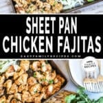 Overhead shot of baked chicken fajitas on a sheet pan with bell peppers and a second shot of baked chicken fajitas on a plate, topped with a dollop of sour cream