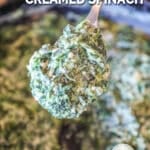 Spoonful of easy creamed spinach held over skillet.
