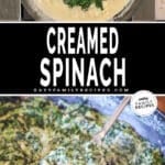Photo of spinach added to cream sauce and easy creamed spinach in skillet.