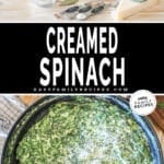 Photo of easy creamed spinach ingredients and creamed spinach in pot.