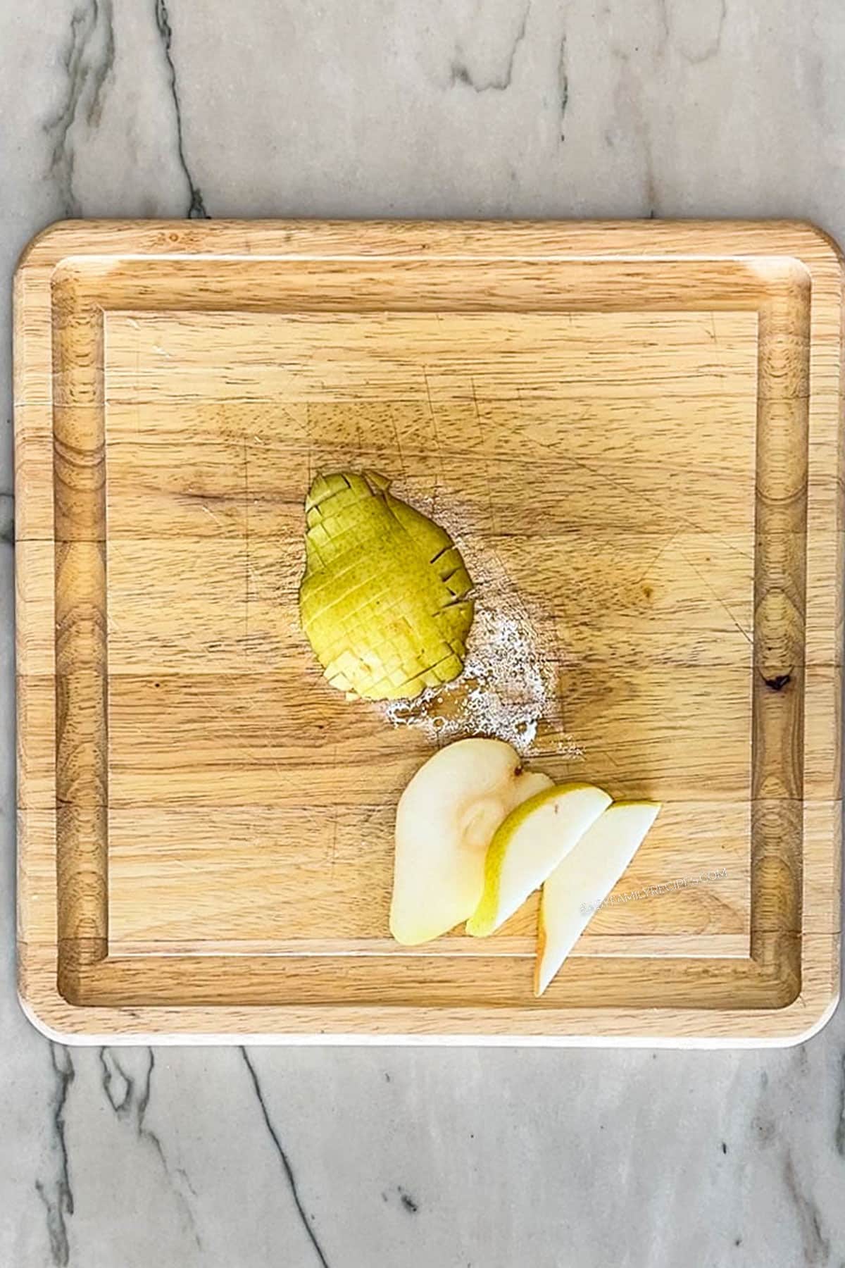 Step 2 for making Pear and Gorgonzola Puff Pastry Bites- dice pears