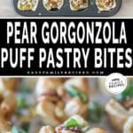 Two photos of Pear and Gorgonzola Puff Pastry Bites. Top image is of pastry bites in a mini muffin tin. Bottom image is a close up of finished pastry bites