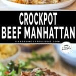 Crockpot beef manhattan on plate with salad.