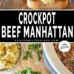 Crockpot beef manhattan on wooden board and on plate with salad.