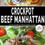 Crockpot beef manhattan on wooden board and on plate with salad.