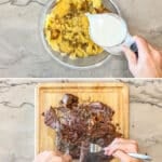 How to make crockpot beef manhattan: 1) season the beef and cook, 2) mash the potatoes, 3) shred the beef, 4) make the gravy