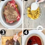 How to make crockpot beef manhattan: 1) season the beef and cook, 2) mash the potatoes, 3) shred the beef, 4) make the gravy