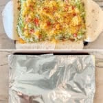 Photos showing process of making sheet pan crunch wrap supreme: 1) cooking the beef filling, 2) assembling, 3) covering with foil, 4) cutting and serving